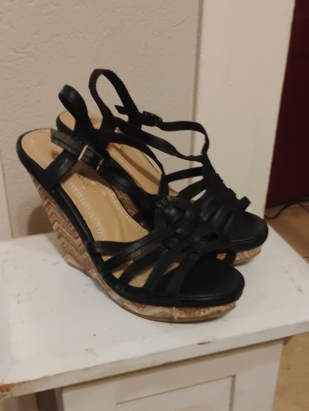 Black Strappy Wedge Sandals with Patterned Espadrille Heel